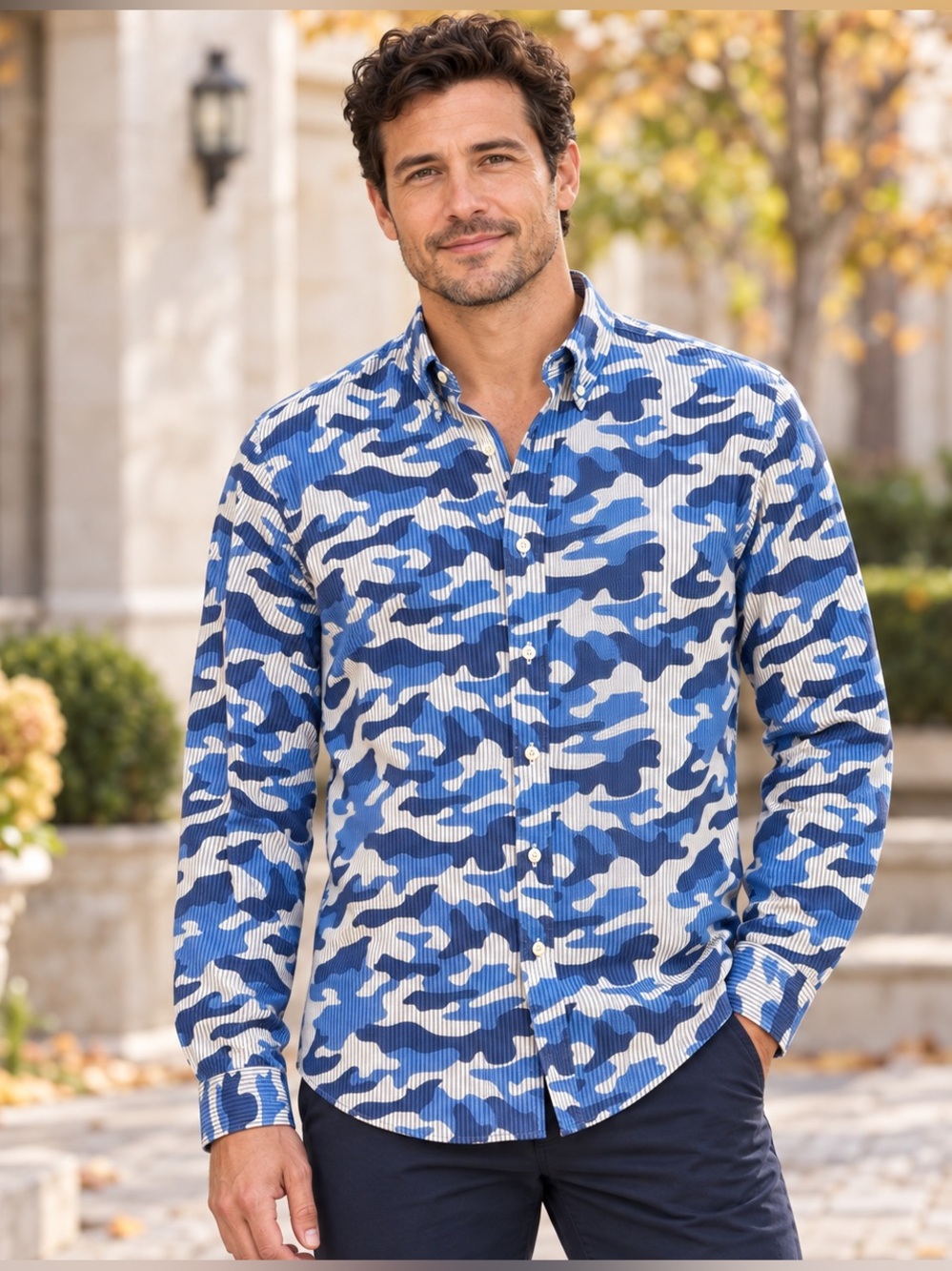 Brooks Brothers Red Fleece Rivas Blue Camo Shirt Men’s L 100% Cotton